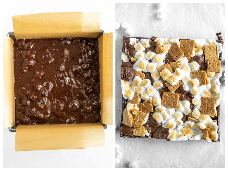 two photos showing brownie batter in pan and then baked brownies