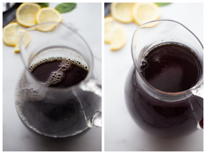 two photos showing pitcher with tea in it and then added water