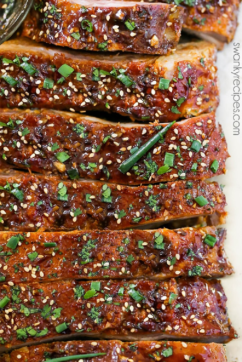 sticky garlic sesame baby back ribs cut into pieces