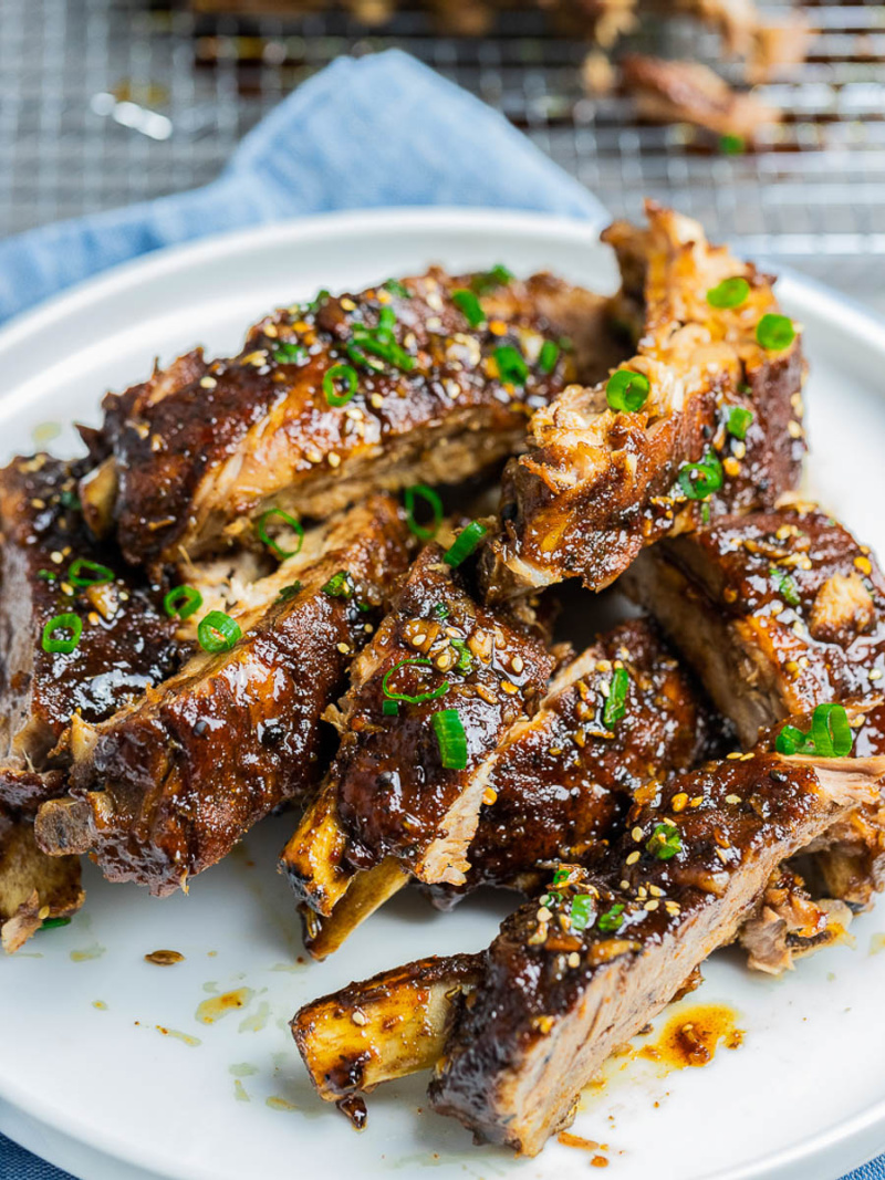 plate full of sticky instant pot asian ribs