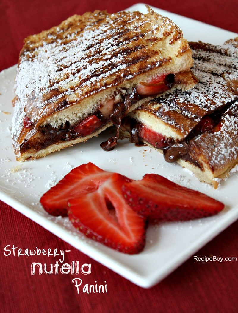 strawberry nutella panini on a white plate