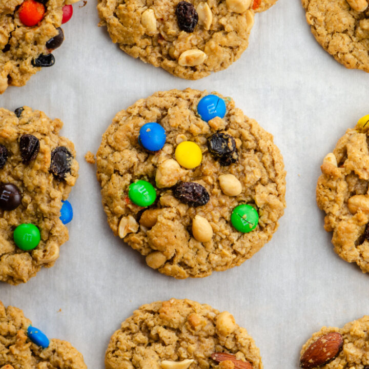 trail mix cookies on a baking sheet