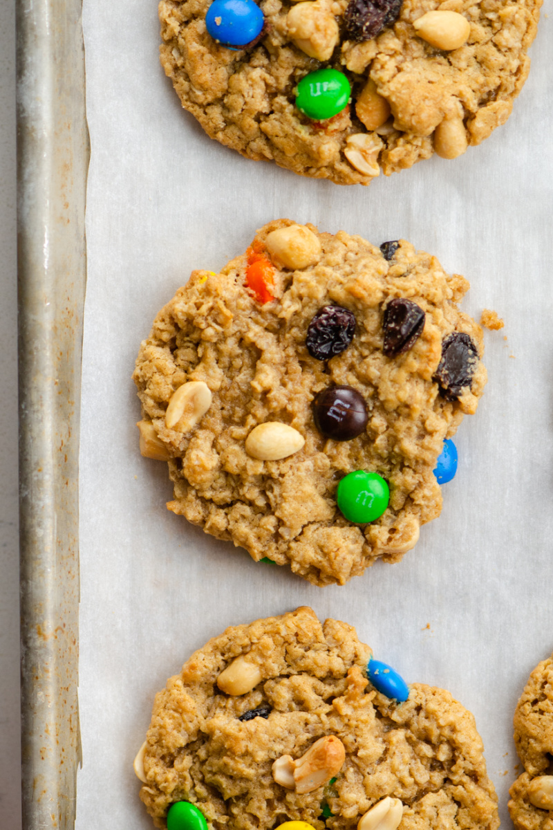 trail mix cookies on a baking sheet