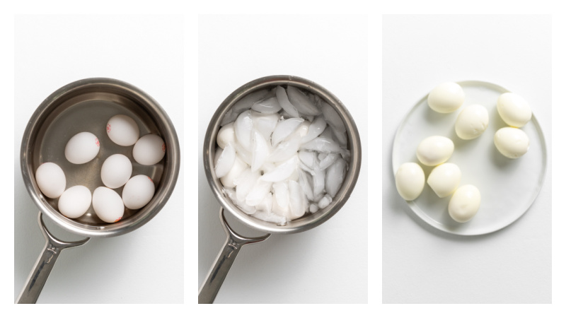three photos showing process of making hard boiled eggs in a pan