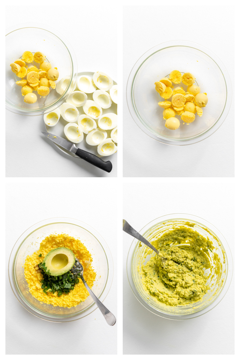 four photos showing process of making filling for avocado deviled eggs