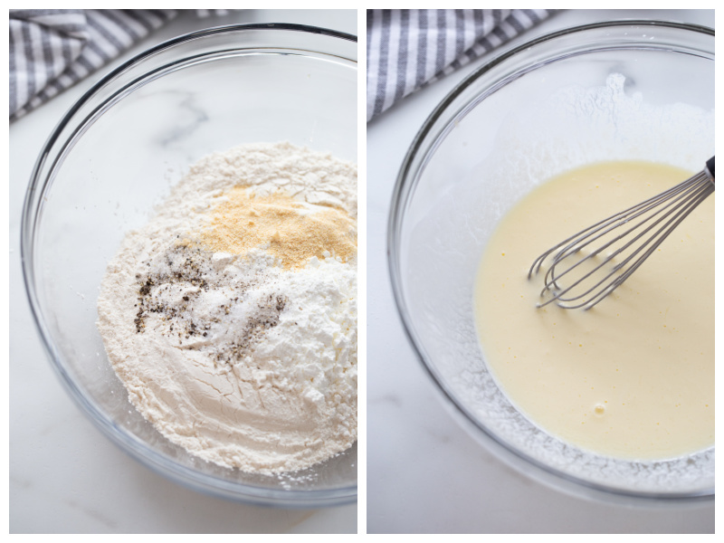 two bowls showing making batter for frying pickles