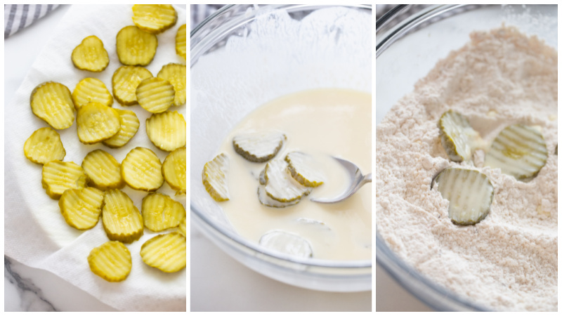 three photos showing pickles, dipped in batter and then rolled in seasoned flour