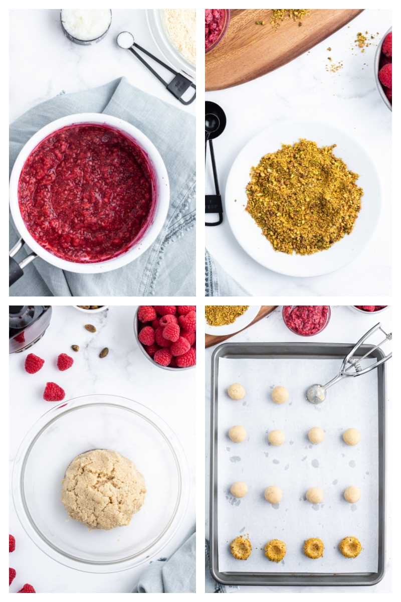 four photos showing raspberry puree, crushed pistachios, dough and balls on baking sheet