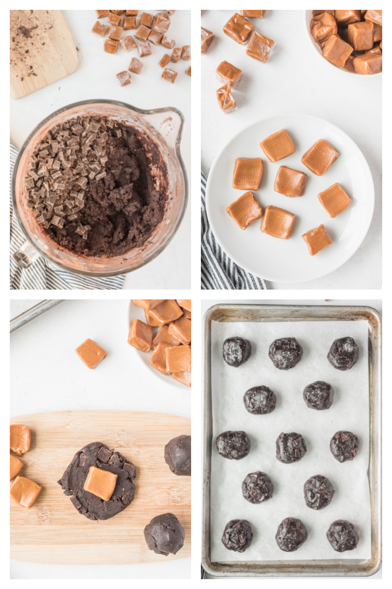 four photos cookie dough in bowl then caramels then cookie dough plus caramel then cookies on baking sheet ready for oven