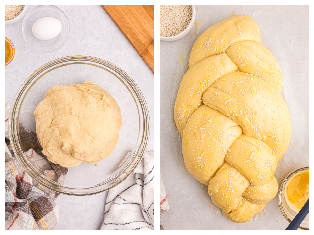 two photos showing challah dough and then dough braided