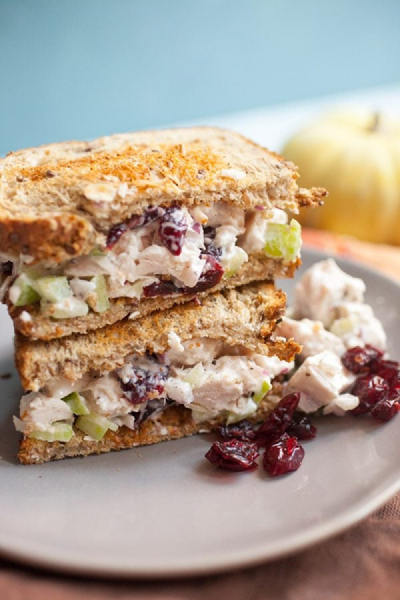 two halves of turkey salad sandwich stacked