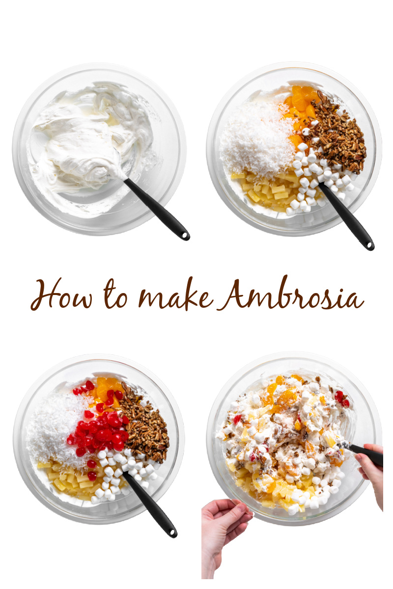 four photos showing you how to mix ambrosia in a bowl