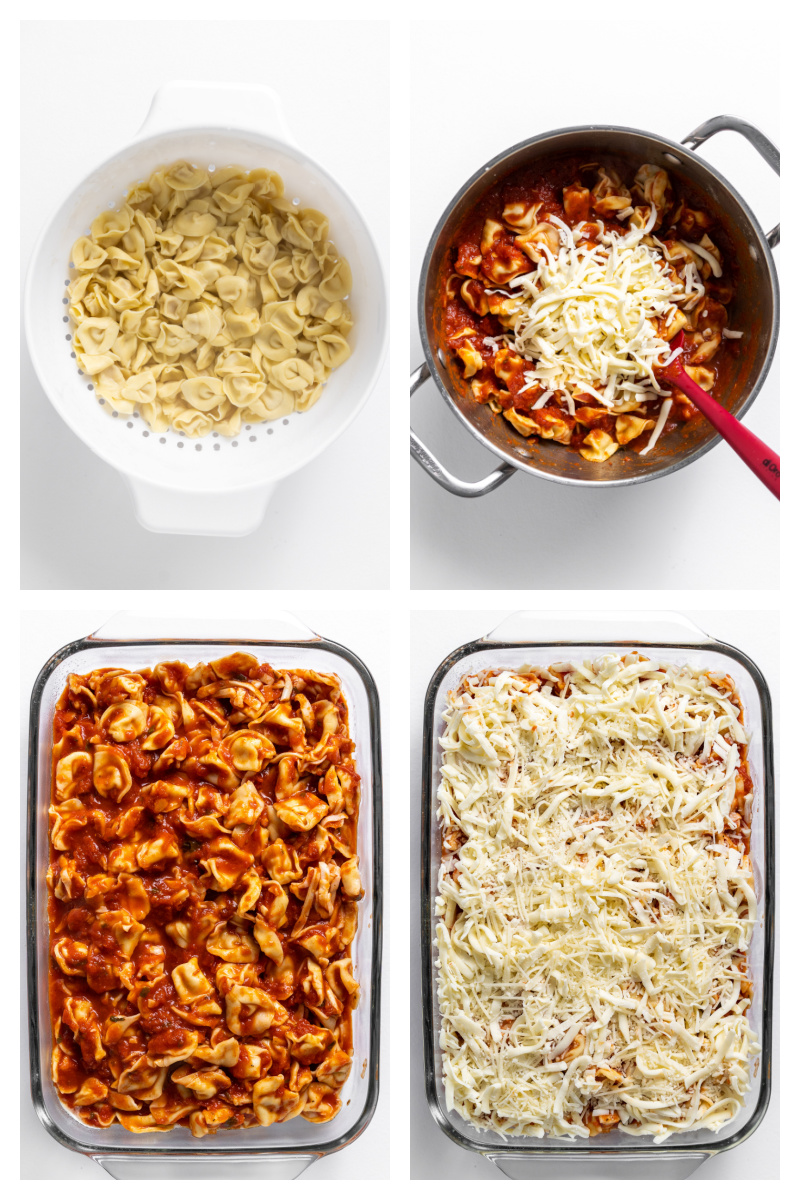 four photos showing process of assembling tortellini casserole for baking