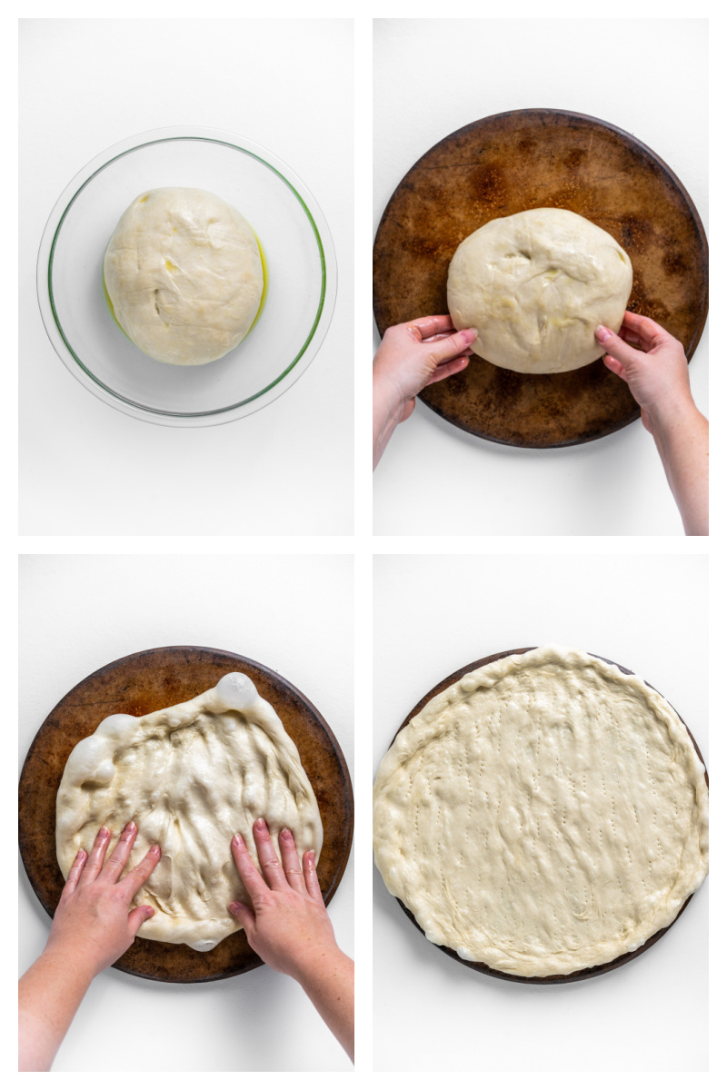 four photos showing how to form pizza dough on pizza pian