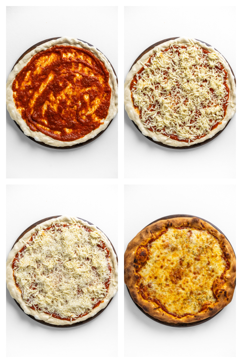 four photos showing how to make cheese pizza