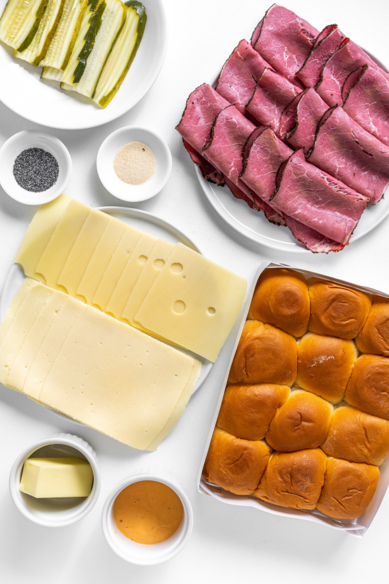 ingredients displayed for making hot pastrami sliders