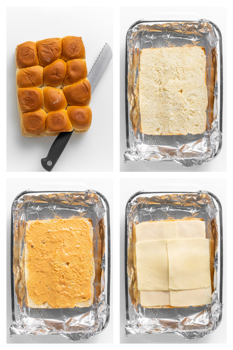 four photos showing assembly of sliders in a baking dish
