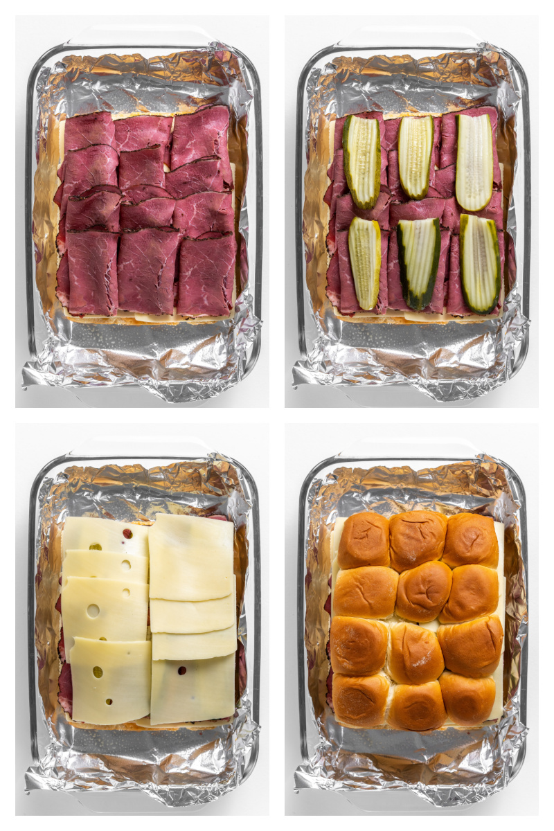 four photos showing how to make pastrami sliders in a baking dish