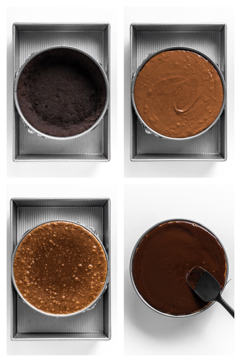 four photos showing oreo crust in pan, then batter, then baked, then topped with chocolate