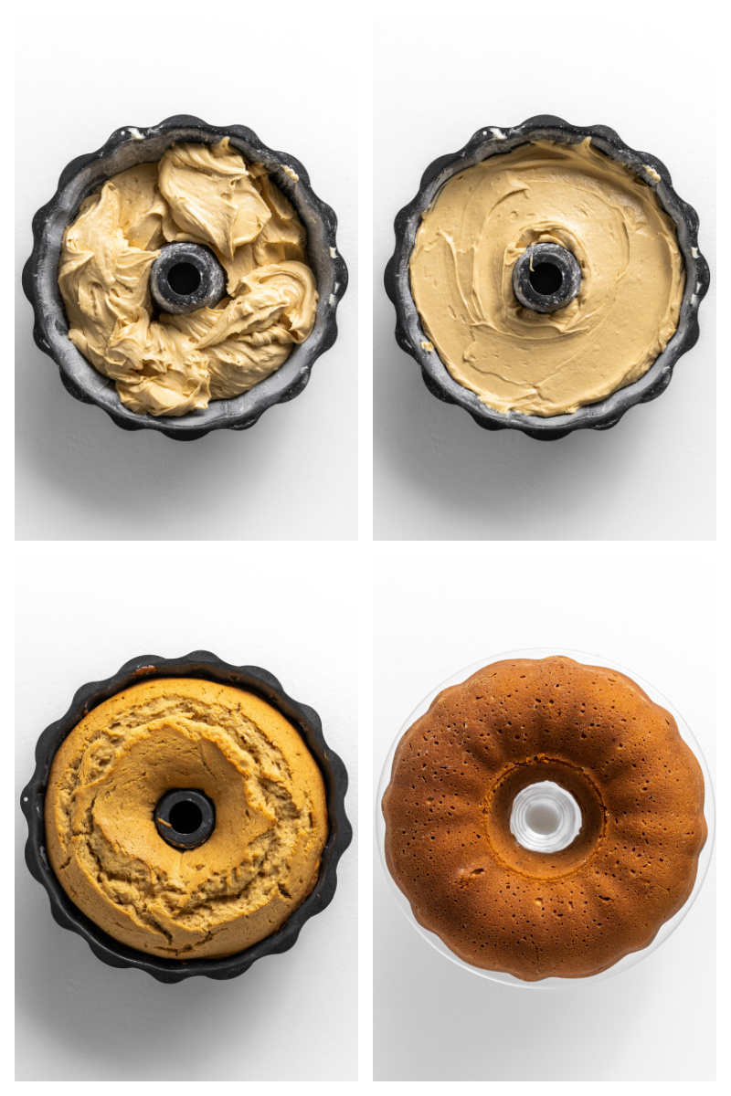 four photos showing batter in bundt pan and then baked cake