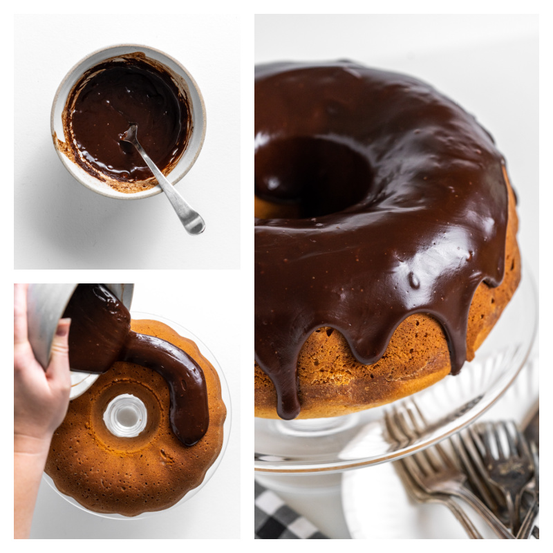 three photos showing adding chocolate glaze to bundt cake