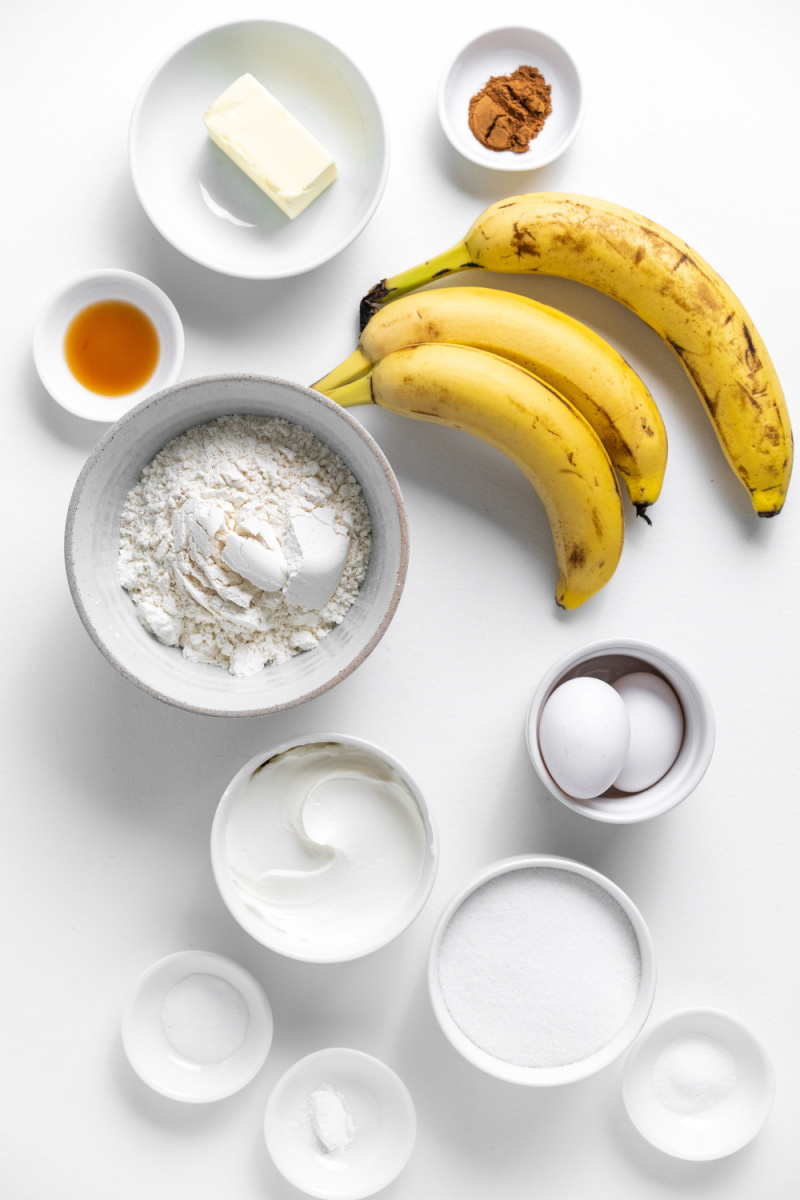 ingredients displayed for making sour cream banana bread
