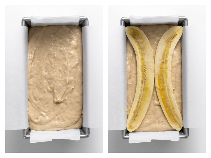 batter in loaf pan and then bananas on top