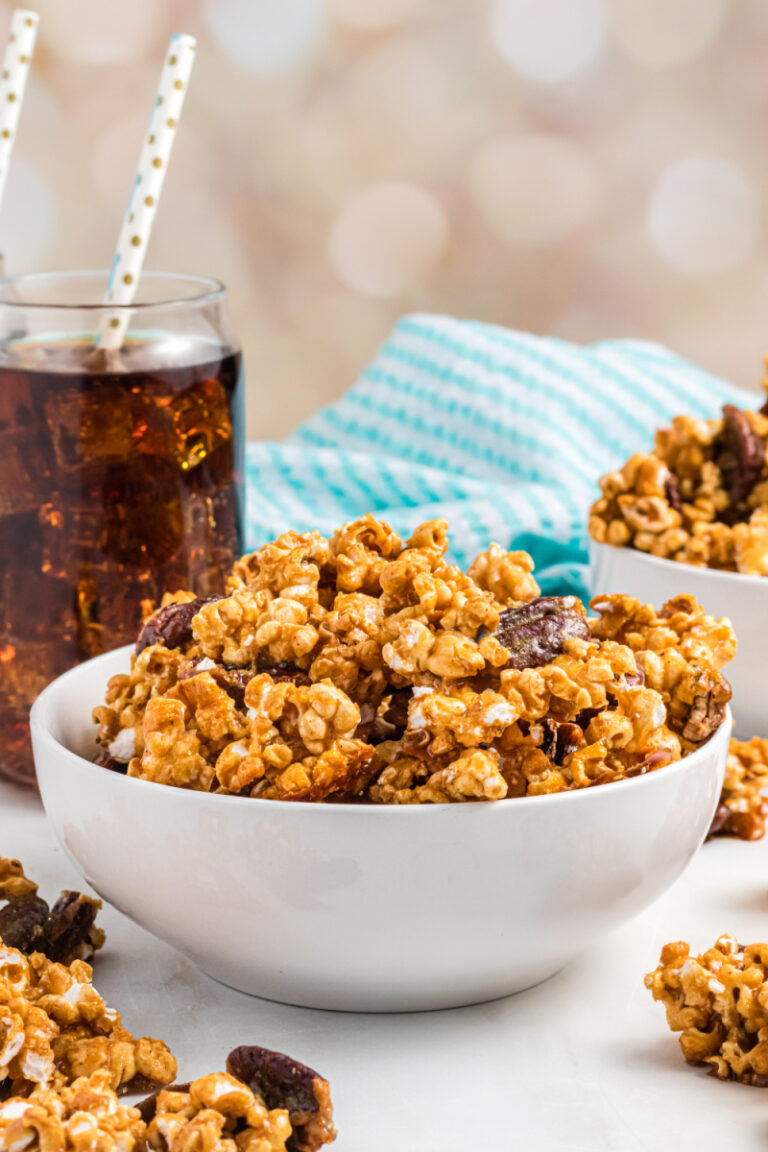 sticky bun popcorn in a bowl