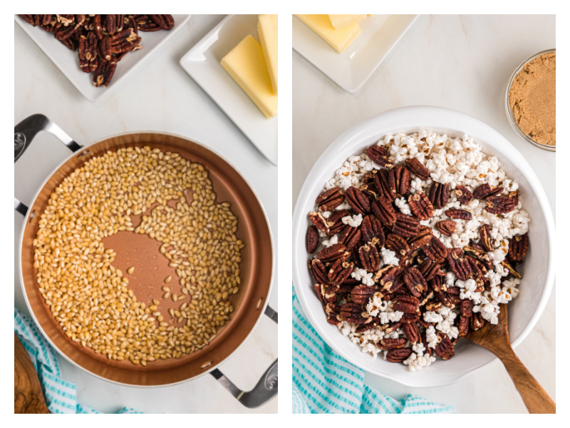 two photos showing popcorn in a pan and then popcorn and pecans in a bowl