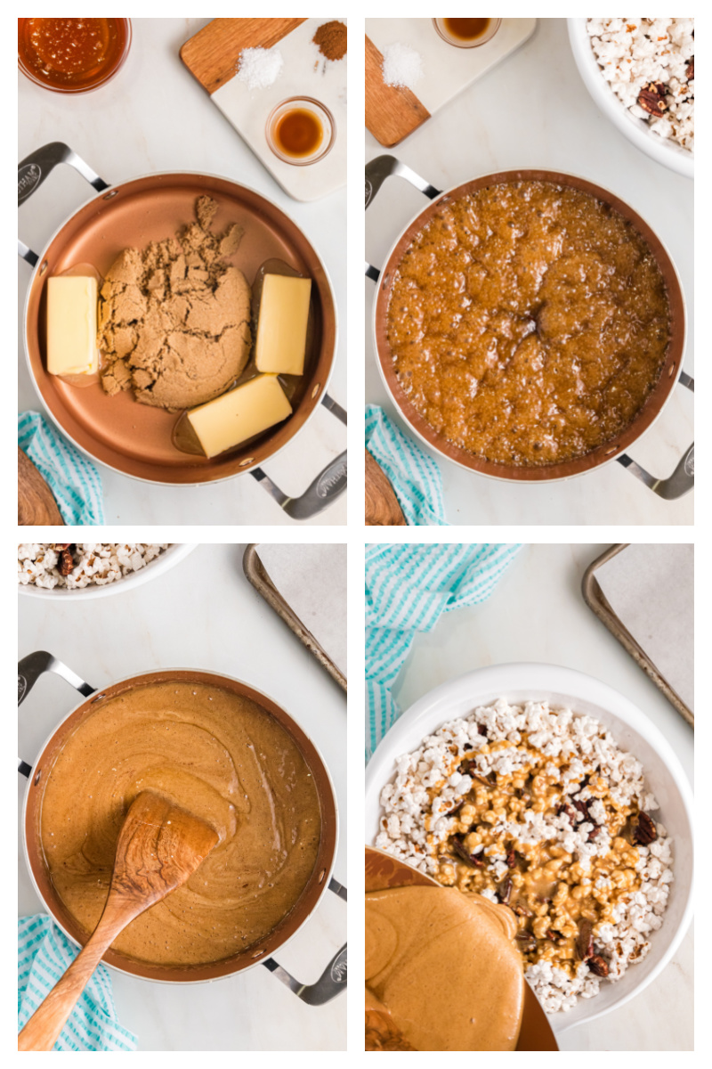 four photos showing making sweet syrup for popcorn and then added to popcorn in a bowl