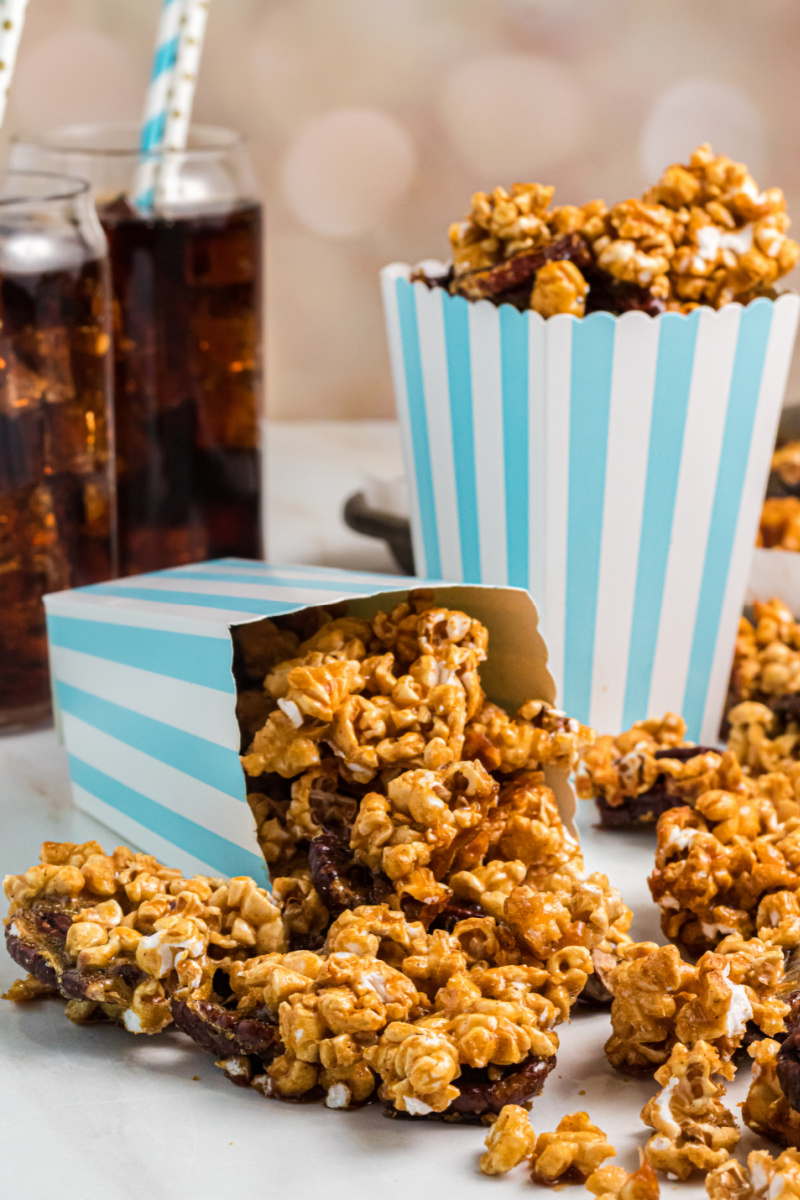 sticky bun popcorn in popcorn containers