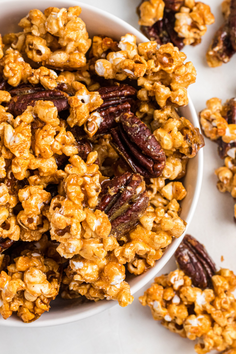 sticky bun popcorn in a bowl