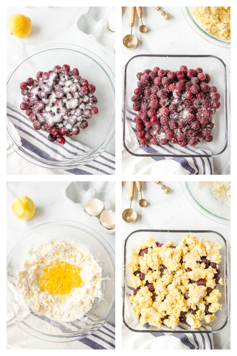 four photos showing how to make cherry cobbler