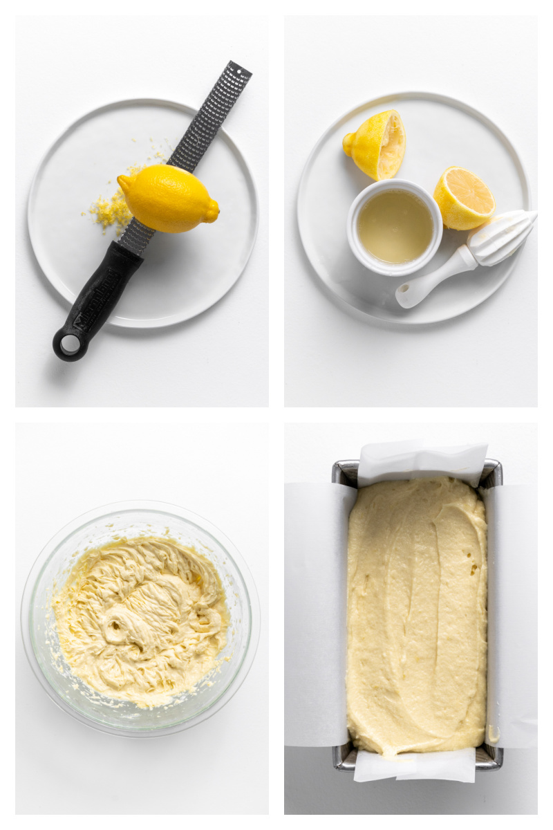 four photos showing lemon zesting and juicing and then batter in bowl and then lemon pound cake batter in pan