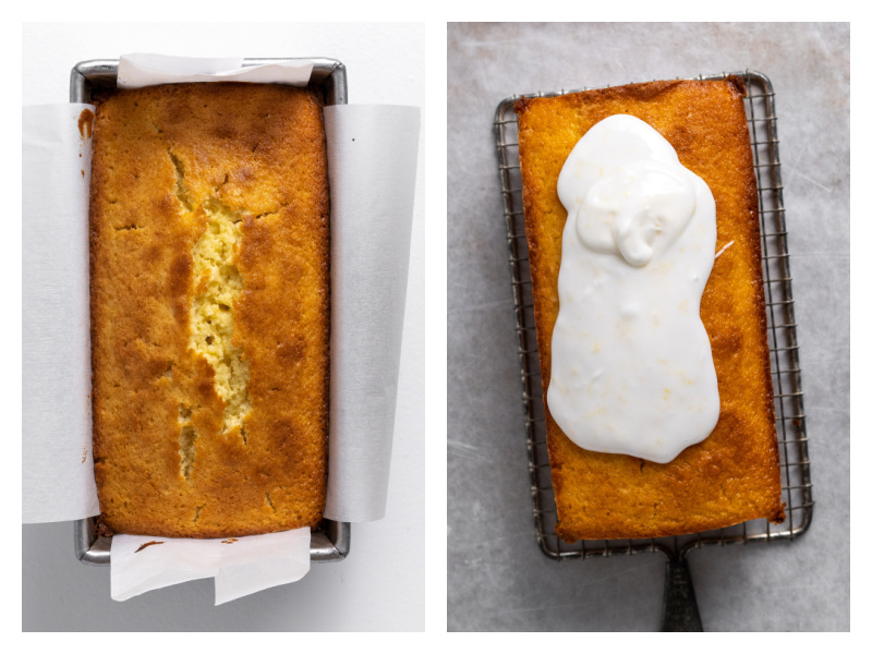 two photos of lemon pound cake one plain and one with glaze
