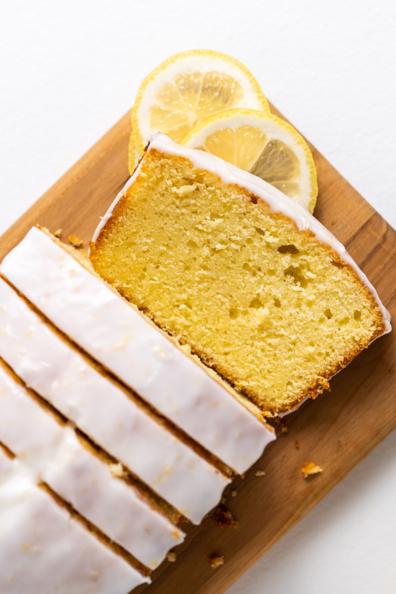loaf of lemon pound cake cut into slices