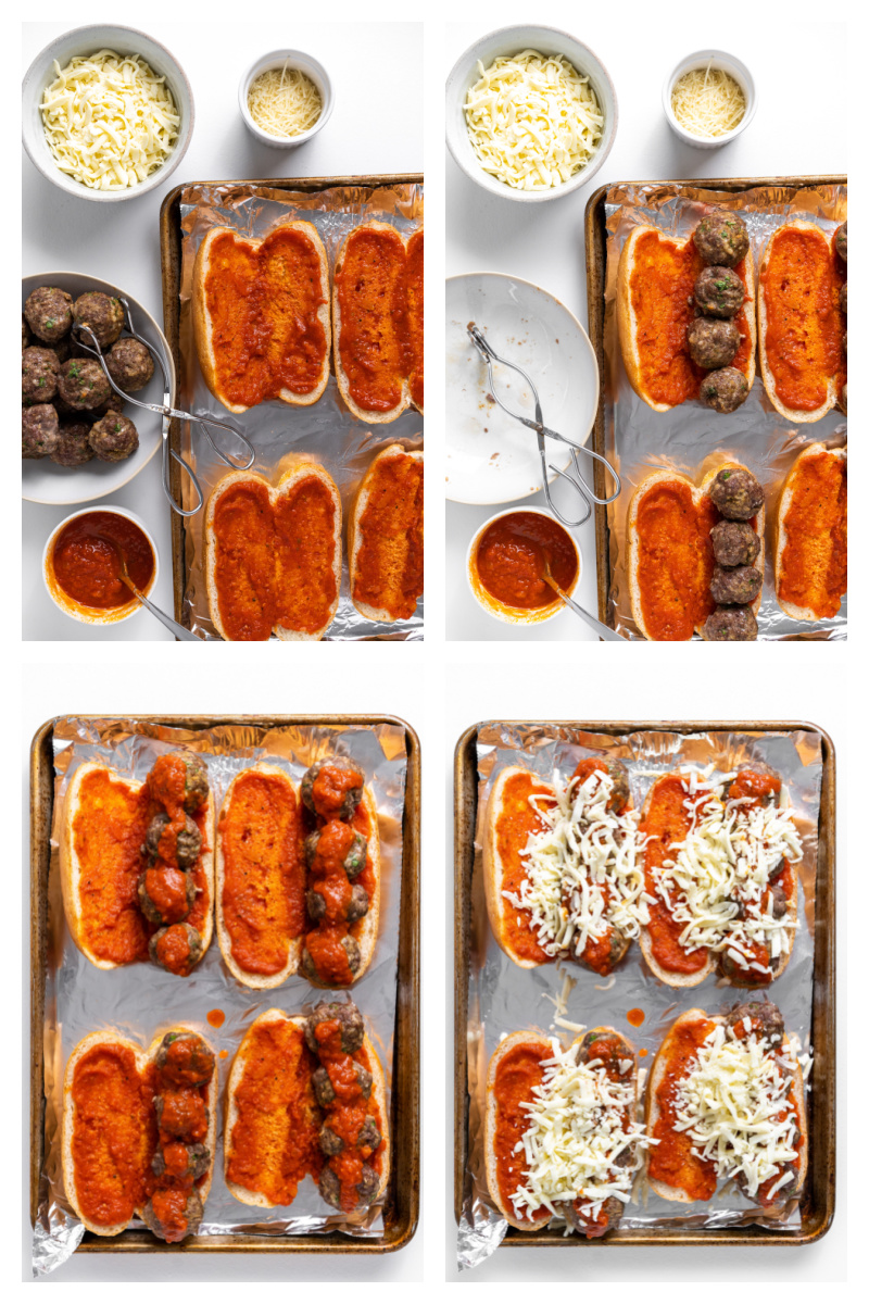 four photos showing assembly of meatball subs