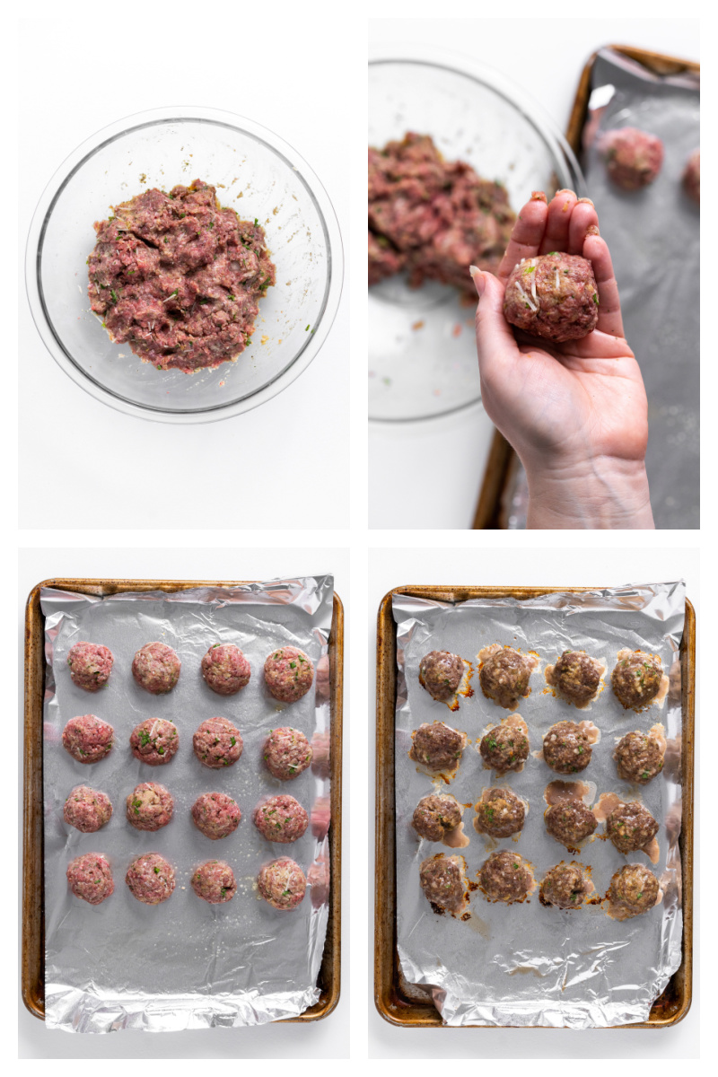 four photos showing making and baking meatballs