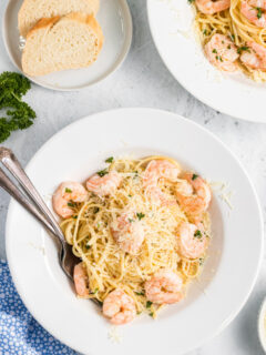 shrimp scampi pasta plated with parmesan on top