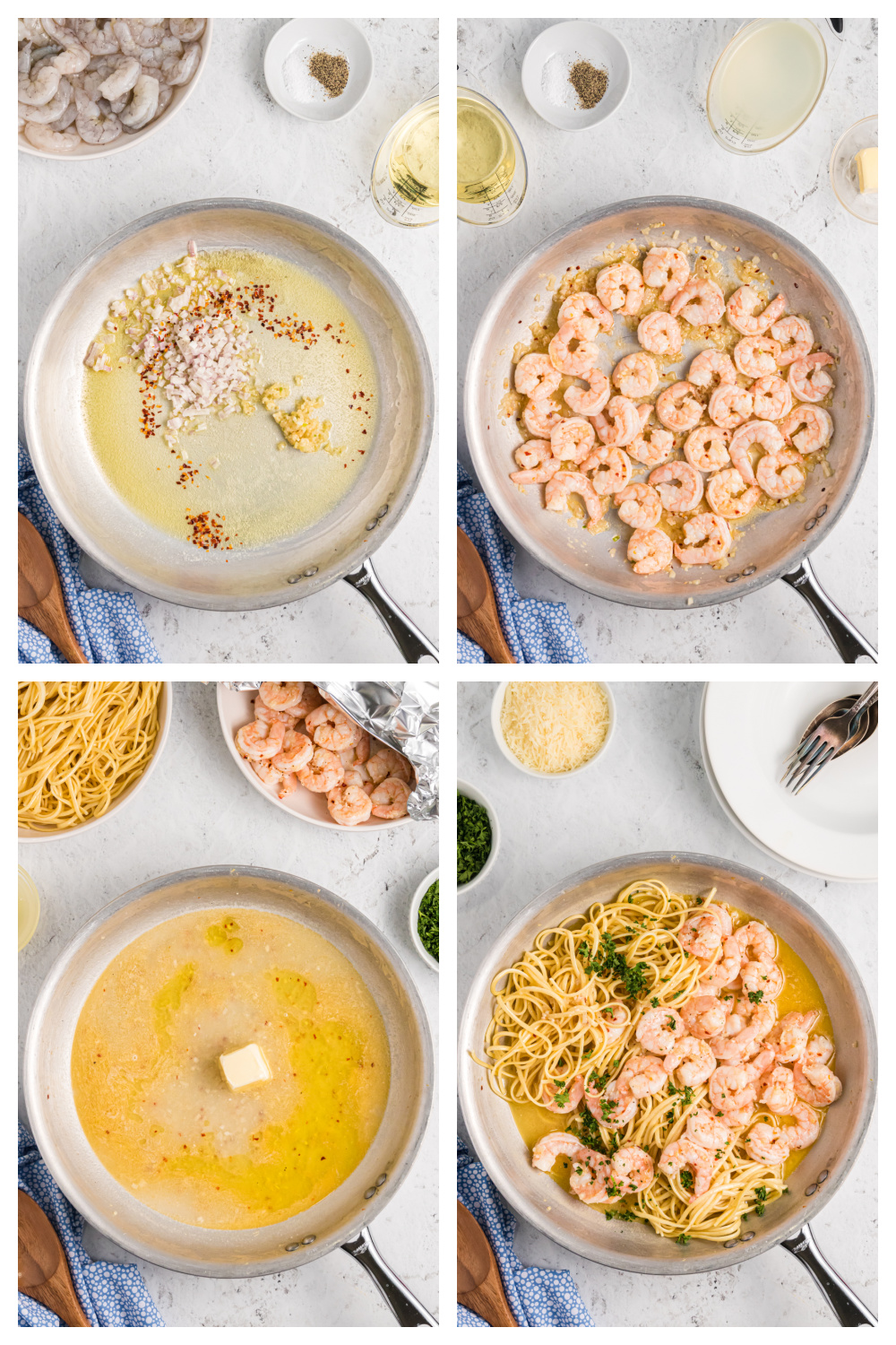 four photos showing how to make shrimp scampi pasta