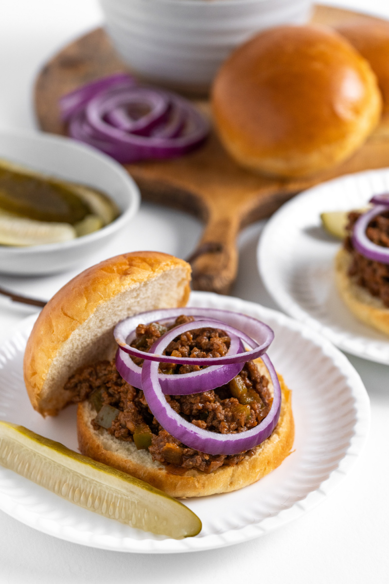 open faced sloppy joe with red onion