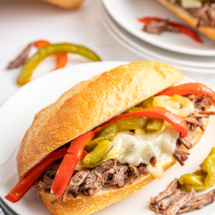 slow cooker italian beef sandwich on a plate