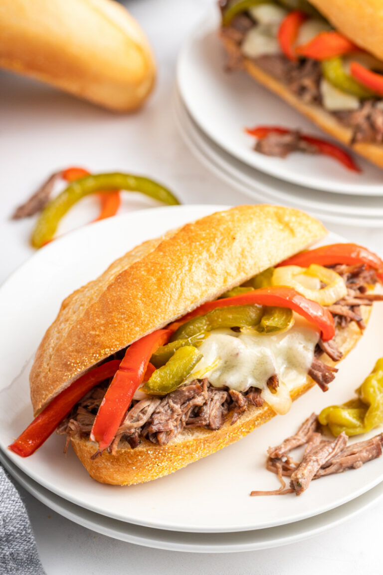 slow cooker italian beef sandwich on a plate