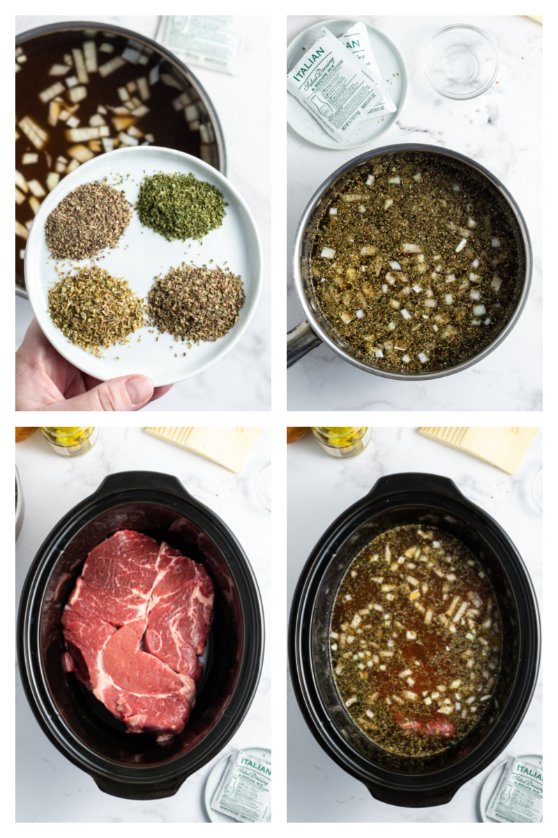 four photos showing how to make italian beef in a crockpot
