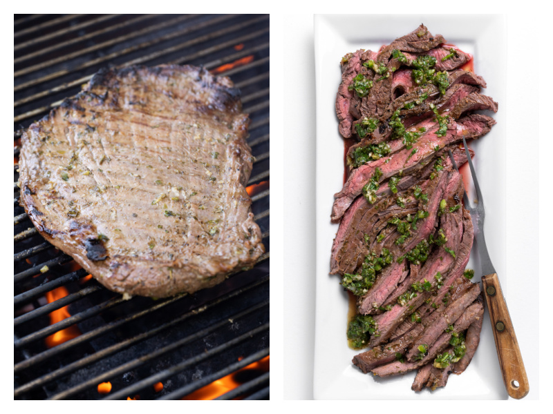 two photos showing meat grilling and then sliced on platter with sauce