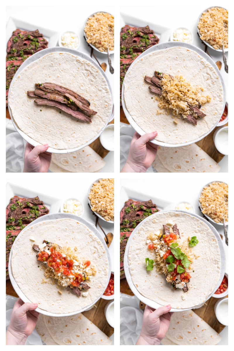 four photos showing how to assemble a carne asada burrito