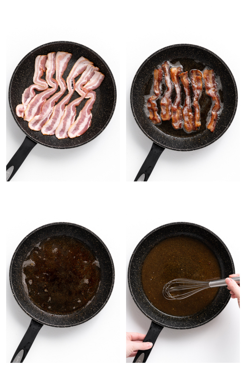 four photos of bacon cooked in skillet and then salad dressing made in skillet