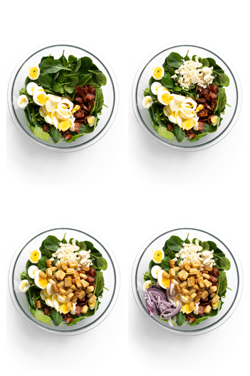 four photos showing process of assembling spinach salad