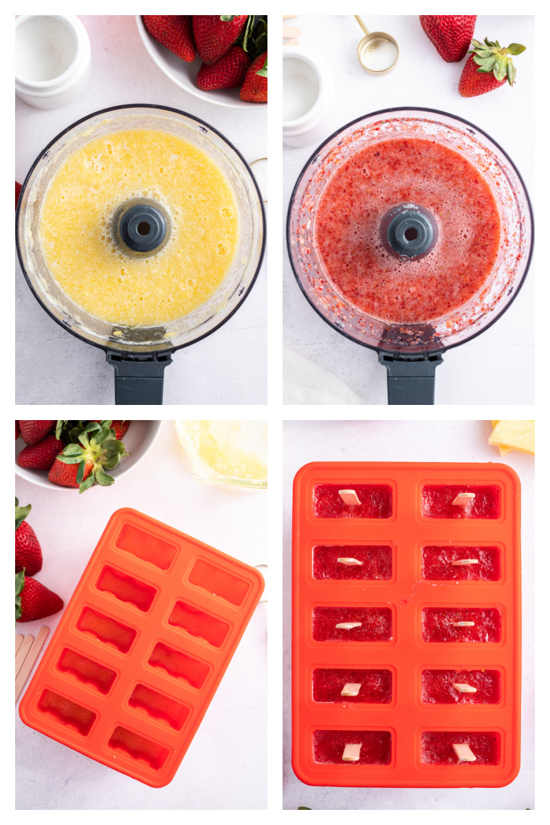 four photos showing how to make strawberry pineapple popsicles