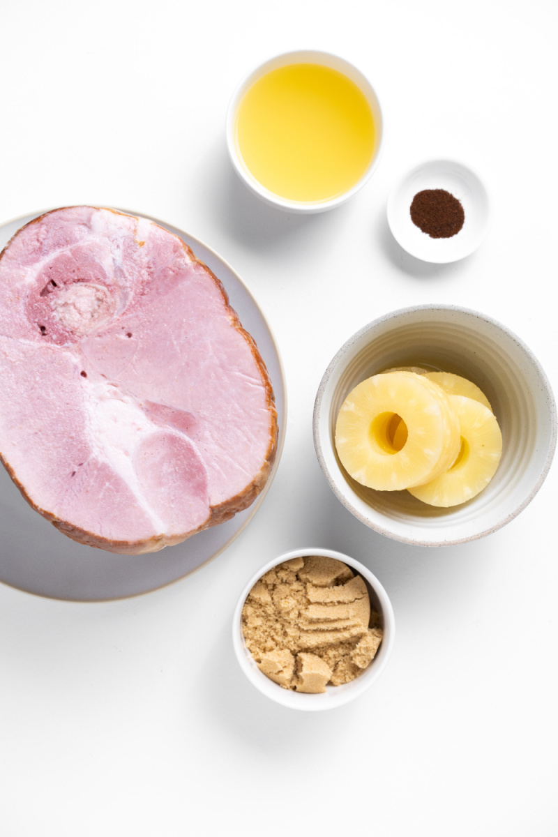 ingredients displayed for making baked ham with pineapple